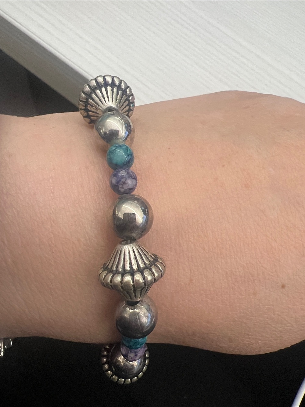 Silver Beaded Bracelet with Turquoise and Purple Accent Stones